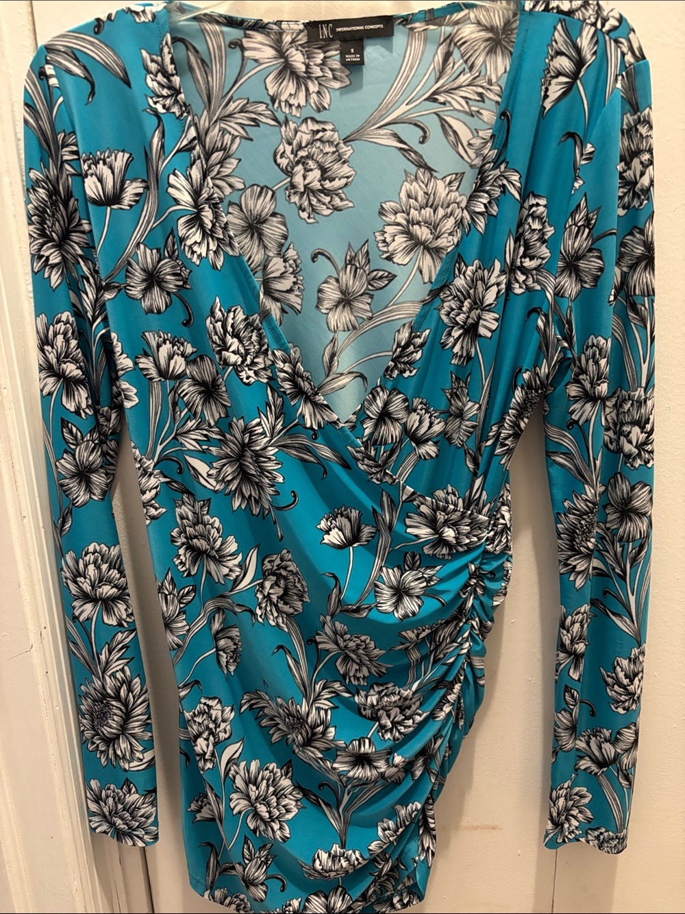 INC International Concepts Turquoise Floral Ruched Surplice Top